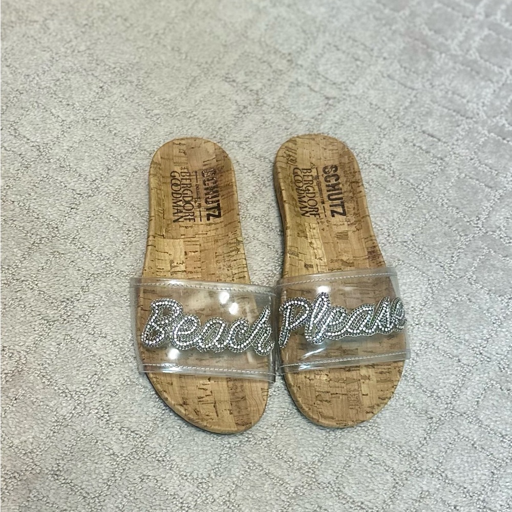 SCHUTZ Clear 'Beach Please' Cork Women’s 7 Slides Sandals Resort Beach Pool